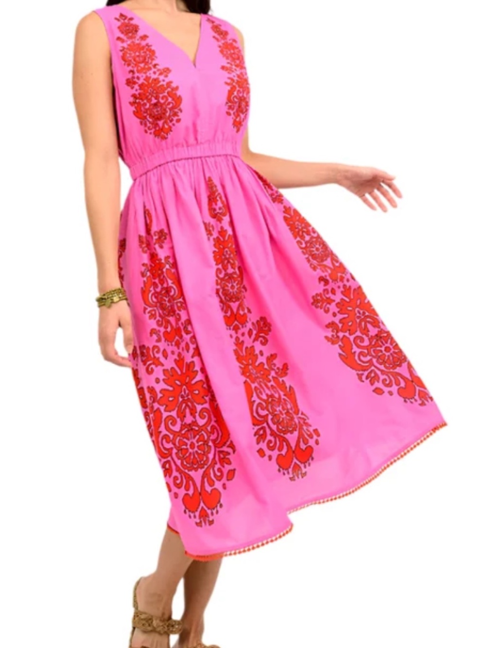 Uncle Frank Pink Midi Dress with Red Floral Motif